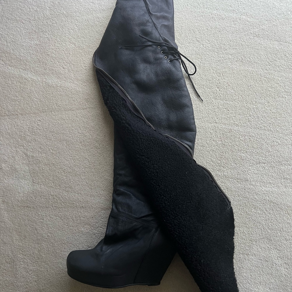 Rick Owens Over Knee Black Leather Wedge Boots with Black Shearling Zip “Sleeve”